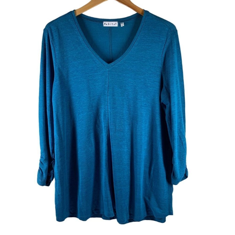 HABITAT Teal Blue Linen Blend Knit V-Neck Top Size Small